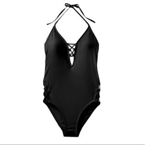 Express Swimsuit One Piece Lace Up Halter Deep V XS New